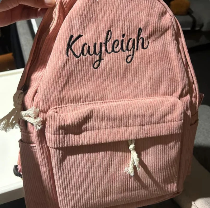 Custom Embroidered Name Corduroy School Backpack